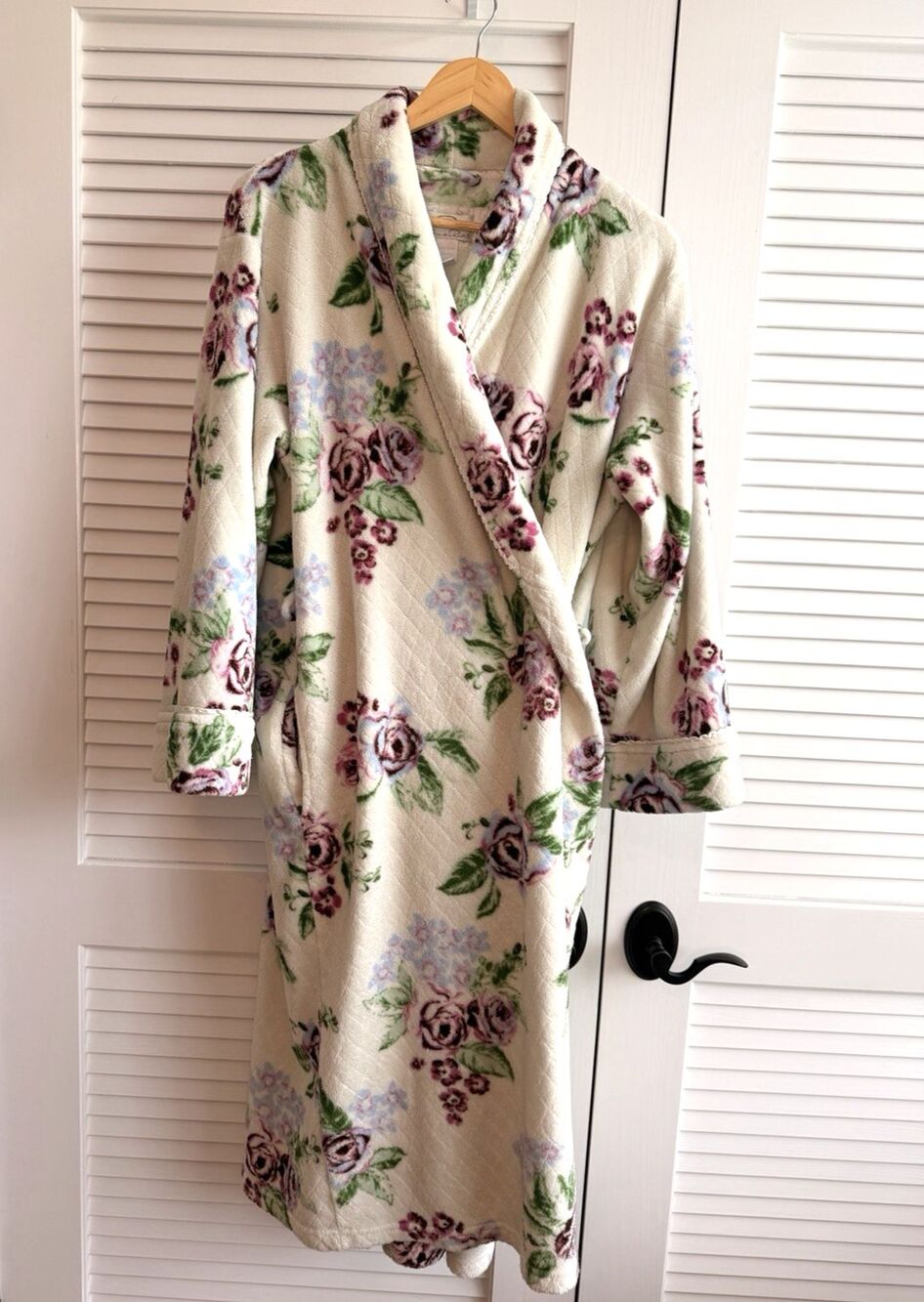 Oscar de la Renta Plush Floral Fleece Robe L/XL Ivory Pink Roses Soft No Belt